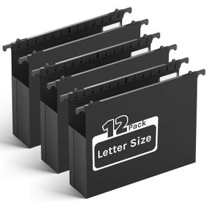 Plastic Hanging File Folders Letter Size,Heavy Duty 2" Expandable File Folder with Tabs,12 Pack Reinforced Expanding Hanging Folder,File Cabinet Folder,Extra Capacity Hanging Organizer for Home Office (Black)