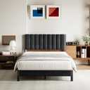 Avenco Queen Size Bed Frame with Velvet Upholstered Piano Keys Headboard, Metal Platform Bed Frame with Metal Slats for Bedroom Furniture, Black