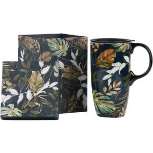 Topadorn Ceramic Coffee Mug Travel Cup with Lid 17oz., Porcelain Tall Tea Cup with Handle for Home & Office, Leaf Art Pattern Mug with Gift Box, 6.5''H (Green)