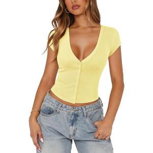 Women's Ribbed Button Down Shirt Cap Sleeve Tops for Women Button Up Knit Slim Fit Casual Y2K Crop Going Out Top (Yellow, S)