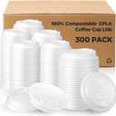 Kathfly 300 Count 100% Compostable CPLA Coffee Cups Lids Bulk 3.54 Inch White Disposable CPLA Hot Cup Lid Fit 10/12 /16/20 oz Paper Cup Convenient Sip Hole Leak Proof for Hot Drink Cold Water Beer