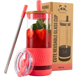 Pandaloo Glass Cups With Lids and Straws -20 Fl Oz- Perfect Size Iced Coffee Cup - Smoothie Cup With Bamboo Lid and On the go Lid - Glass Tumbler With Straw (1 Count (Pack of 1), Coral)