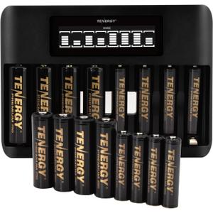Tenergy TN480U 8-Bay LCD Display Fast Charger with 8 Pack AA and 8 Pack AAA Premium Pro Rechargeable Batteries