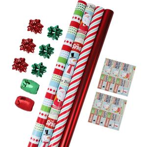 LaRibbons Christmas Wrapping Paper Roll with Cutlines, Polka Dot & Stripe Design with Gift Bow & Ribbons & Tags, Perfect for Christmas, Holiday Party, 30 Inch X 10 Feet (4Rolls, 100 sq.ft.ttl.)