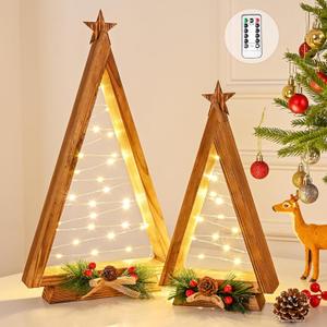 NatuBeau 2 Pcs Triangle Tabletop Wooden Christmas Tree with Lights, Modern Farmhouse Rustic Christmas Decor, Small Lighted Xmas Tree for Kitchen Mantle Shelf Living Room (14.2" Large / 11" Small)