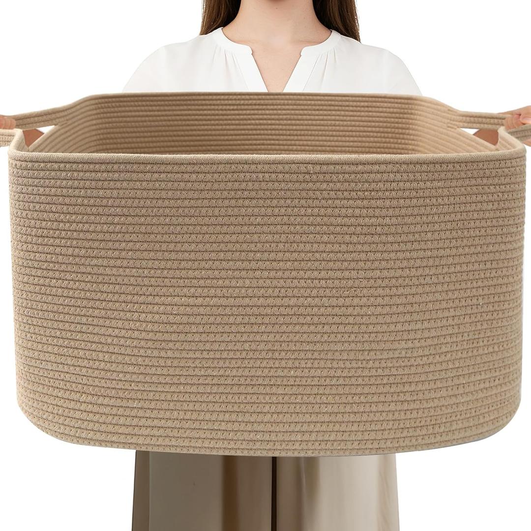 96L Large Blanket Basket,24"x16"x15"Rectangle Storage Bin with Handles,Woven Rope Laundry Basket for Toys, Clothes,Magazines,Home Organization,Nursery,Living Room & Bedroom,Jute
