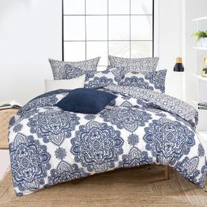 PHF Ultra Soft Paisley Duvet Cover Queen Size, Printed Bedding Set 3 Pieces, Comfy Farmhouse Pattern Duvet Cover Set with 2 Pillow Shams, Zipper Closure and 8 Ties, 90"x90", Royal Blue & White