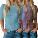 Riyiper 3 Pack Women's Half Sleeve Tops Crewneck 1/2 Sleeve T Shirts Elbow Length Tops Slim Fit Cotton Blend Basic Tees (Large, Blue, Purple, Coffee)