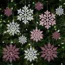 36pcs Pink Silver Christmas Snowflake Ornaments, Plastic Glitter Hanging Snow Flakes for Christmas Tree Decorations Winter Wonderland Frozen Birthday Party Home Decor Craft Snowflakes