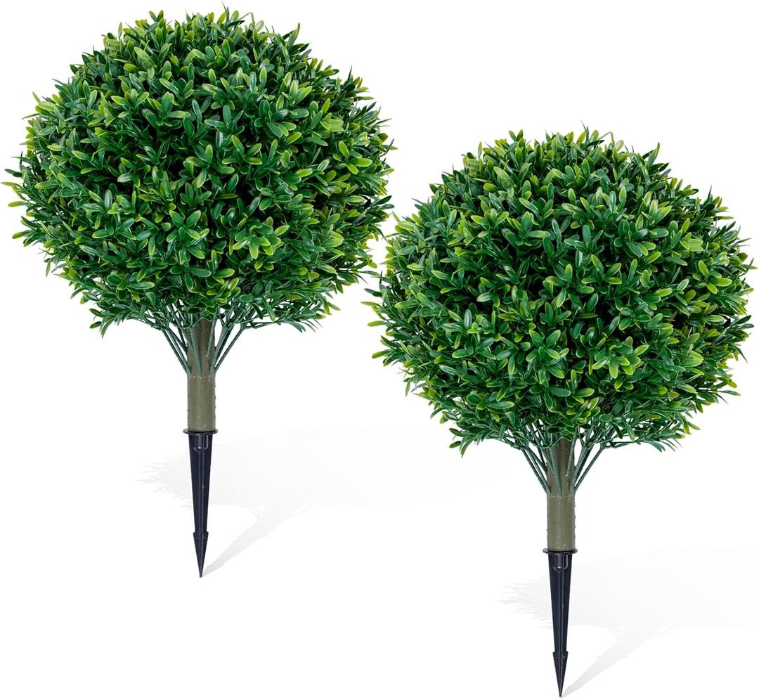 Premium 16" Diameter Artificial Japanese Boxwood Topiary  Set of 2 Faux Plants with Ground Spikes  UV-Resistant, Realistic Outdoor & Indoor Garden Dcor  Weatherproof and Durable