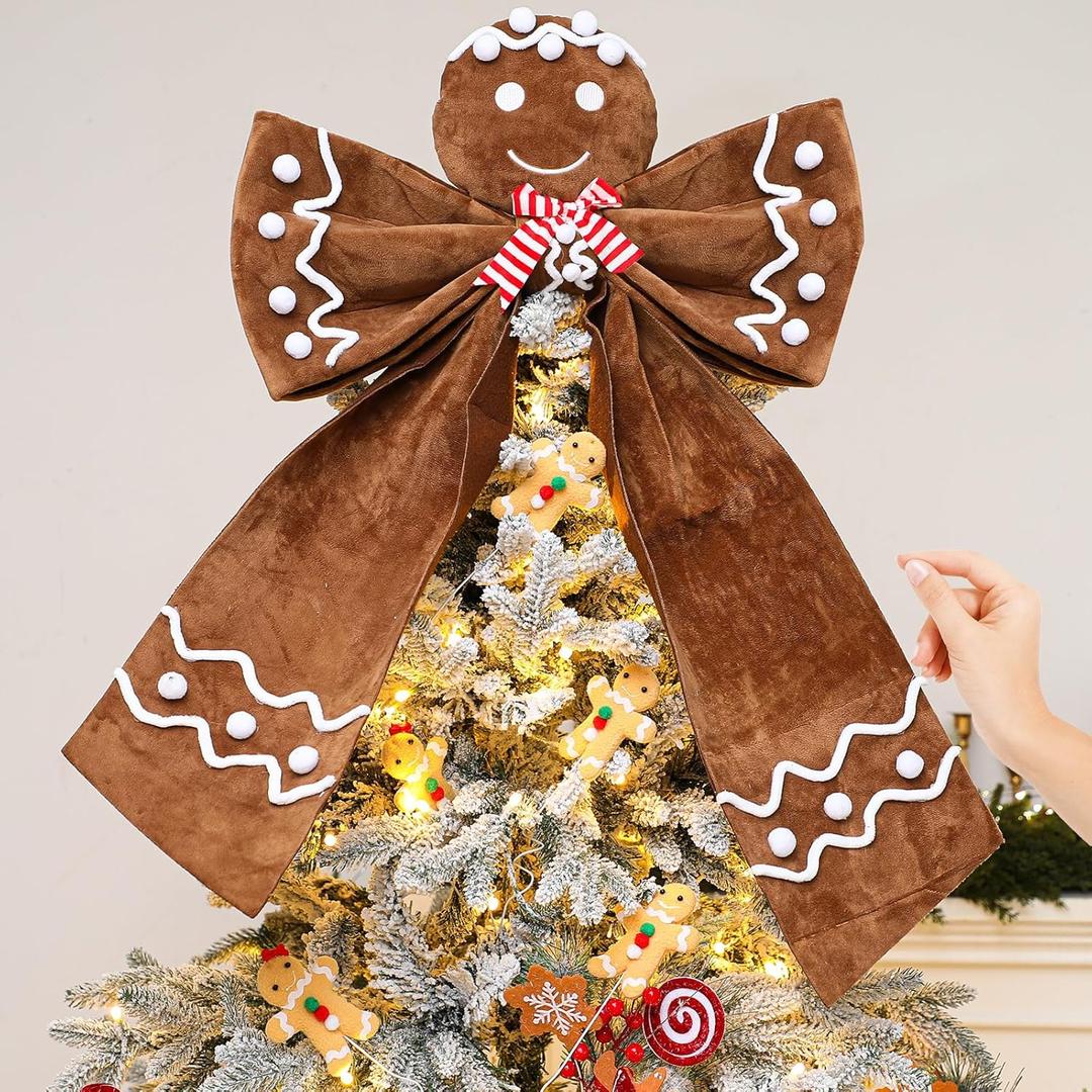 Suncalla 20 x 28 Extra Large Christmas Gingerbread Bow Tree Topper Wreath Brown Velvet Tree Topper Ornament Gingerbread Hanging Decor Gifts for Christmas Xmas Door Window Holiday Decorations