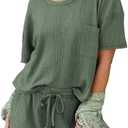 Andeip Pajamas Womens Waffle Knit Lounge Set Short Sleeve Top and Shorts 2 Piece Loungewear Outfits Pj Sets with Pockets L