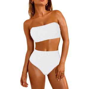 Pink Queen Women 2 Piece Bandeau Swimsuits Strapless Textured Bikini Set High Waisted Bathing Suits (Medium, White)