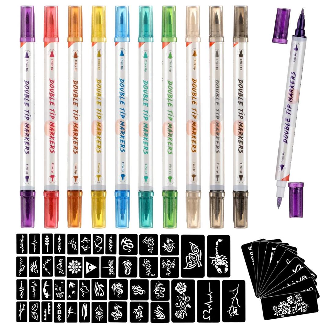 HAWINK Temporary Tattoo Markers for Skin, 10 Body Markers + 56 Large Tattoo Stencils, Dual-End Tattoo Pens Make Bold and Fine Lines ZYH2208001KIT