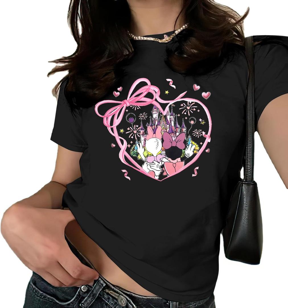 Pink Bow Cherries Shirt Women: Coquette Tops Clean Girl Aesthetic Shirts Casual Summer Short Sleeve Tshirt M