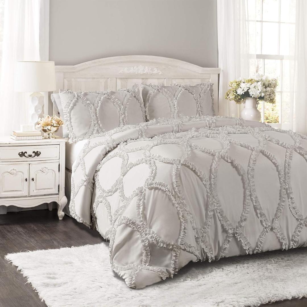 Lush Decor Avon Comforter Set, 3 Piece Set, Full/ Queen, Light Gray - Gray Comforters Queen Size Comforter - Ruffled Bedding Set - Vintage Coquette Decor