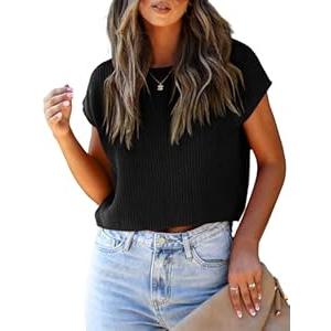 Saodimallsu Womens Cap Sleeve Crop Tops Summer Trendy Going Out Crew Neck Loose Knit Cropped Sweater Vest Tank Top Black S
