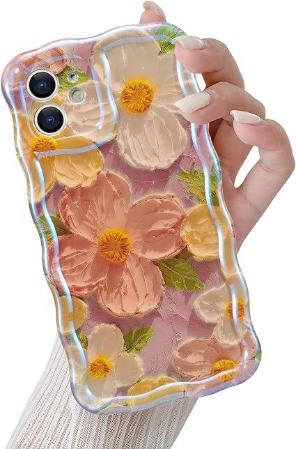 QLTYPRI Case for iPhone 11, Laser Colorful Retro Oil Painting Flower Pattern Cute Curly Wave Frame Exquisite Phone Case for Girls Women, Shockproof TPU Protective Phone Cover for iPhone 11 - Pink