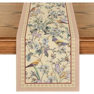 Artoid Mode Beige Birds Floral Blossom Table Runner, Seasonal Flowers Spring Kitchen Dining Table Decoration for Home Party Decor 13x72 Inch