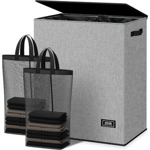 SOLEDI Double Laundry Hamper with Lid and Removable bag, Large Laundry Basket 2 Section with handles, Collapsible Dirty Clothes Hampers for Laundry, Bedroom, Dorm, College (145L, Grey)