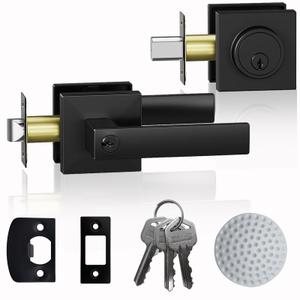 DSJJBLL 2 Pack Exterior Door Handle with Single Cylinder Deadbolt,Front Door Handle and Deadbolt Set,Matte Black Keyed Alike Heavy Duty Door Lever Locksets Right & Left Sided Doors