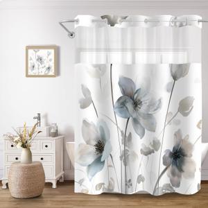 No Hook Shower Curtain and Liner Set, Blue and Grey Boho Floral Shower Curtains for Bathroom, Watercolor Flower Waterproof Bathroom Curtain Sets with Snap in Liner, 71x74 Inch