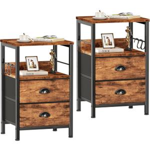 Furologee Night Stand Set of 2, Nightstand with 2 Fabric Drawers, Bed Side Table with Open Shelf, Wooden Top, Hooks, Backboard Design, End Table for Bedroom, Study, Hallway, Brown