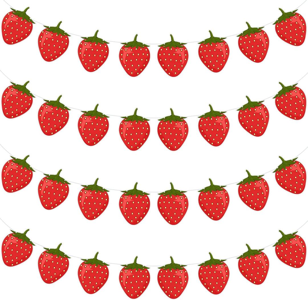 Lewtemi 4 Packs Strawberry Garland Decoration, Strawberry Party Supplies for Berry First Birthday, Baby Shower, Summer Picnic, Fruit Theme Party, Hanging Banner for Wall, Table, Photo Booth(Red)