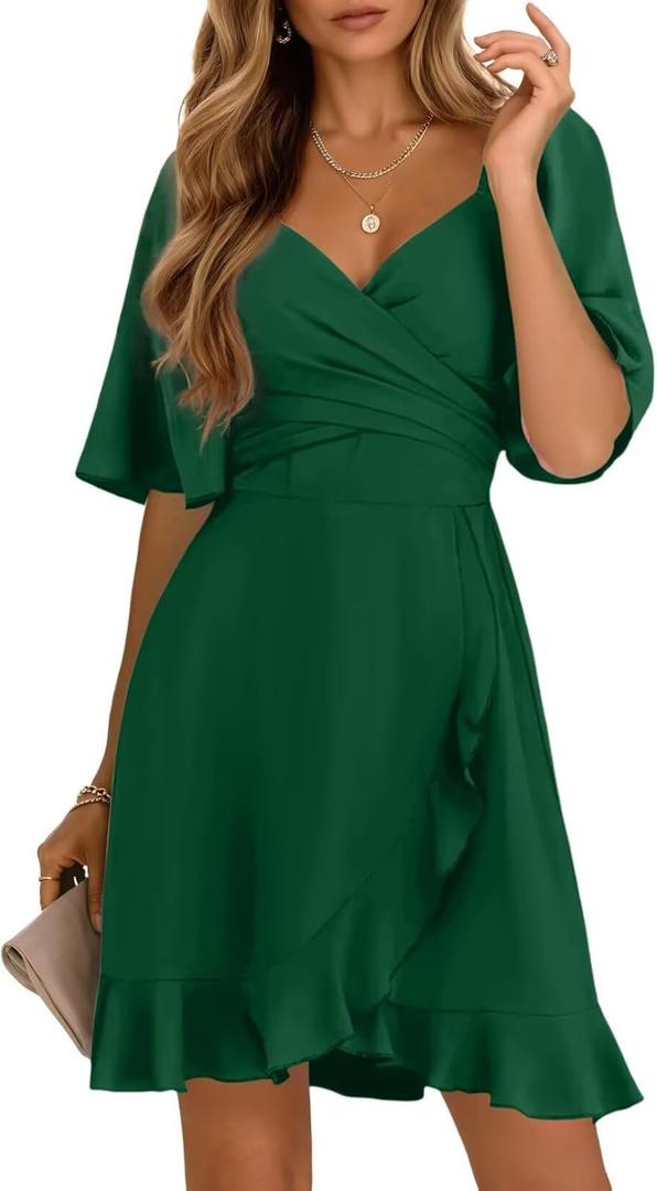 Dokotoo Women's Wrap V Neck Short Flared Sleeve Wedding Guest Dress Smocked Elastic Waist Tiered Belted Ruffle Hem Mini Dress (Green)