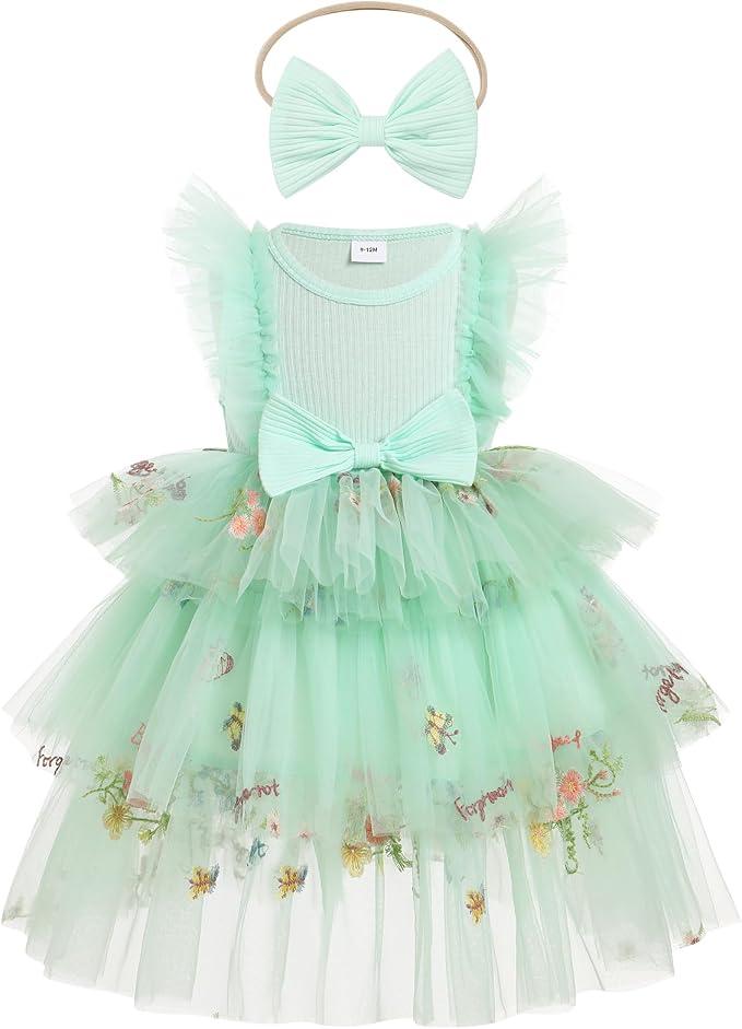 OBEEII Toddler Baby Flower Girl Dress Floral Embroidery Tiered Tulle Tutu Dress with Headband Princess Birthday Party Dress, Size: 9-12 Months