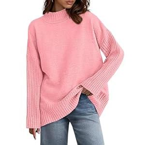 PRETTYGARDEN Casual Long Sleeve Oversized Sweaters for Women 2026 Loose Mock Neck Pullover Sweater Ribbed Knit Fall Clothes (Pink, Small)