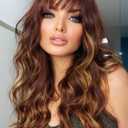 Fancy Hair Brown Highlight Wavy Wig With Bangs Medium Length 18 Inch Synthetic Brown Mixed Blonde Natural Looking Wig For Women Daily Party Use