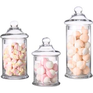 Set of 3 Apothecary Jars Glass, Apothecary Jars with Lids Bathroom, Clear Candy Jar Set, Decorative Jar for Party, Wedding and Home Decor (Height: 11", 8.5", 7.5"; Diameter: 5")