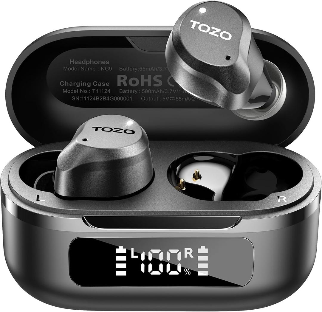 TOZO Hybrid Active Noise Cancelling Wireless Earbuds, 6 Mics ENC Clear Call, IPX8 Waterproof, in Ear Bluetooth 5.3 Headphones Stereo Bass Ear Buds 59H Playtime with LED Display 32 EQs via APP (Dark Black)