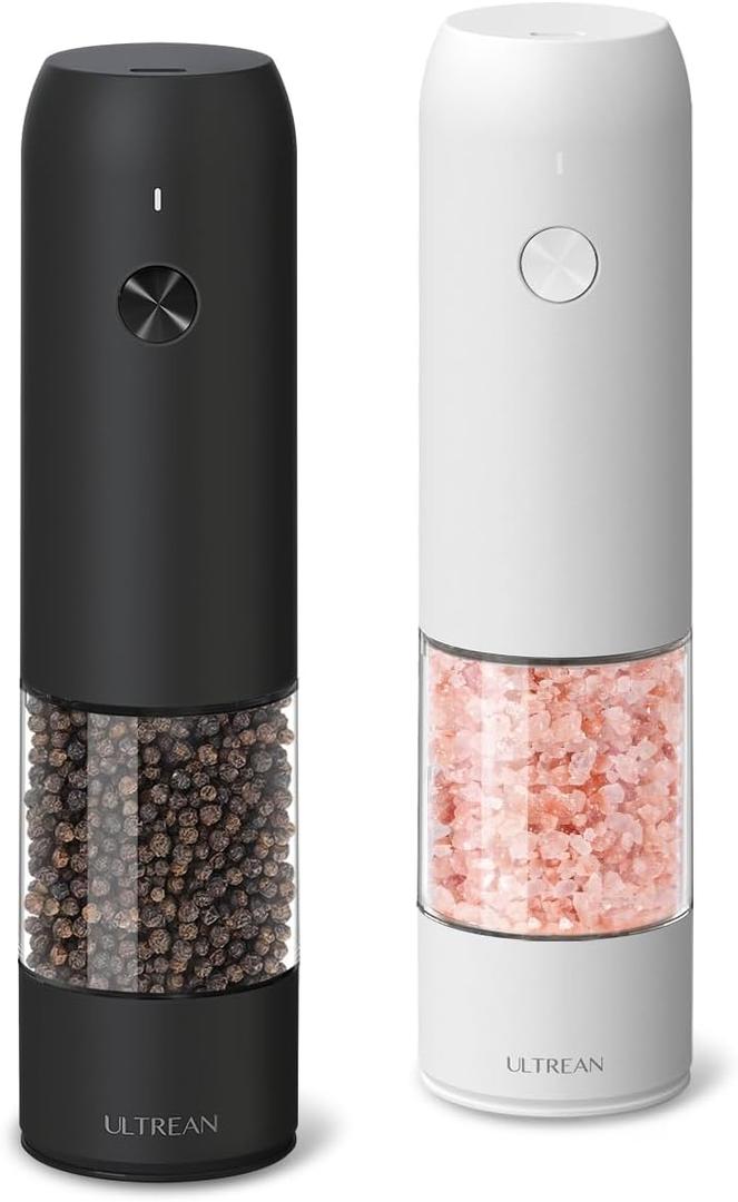 Ultrean Pepper Grinder, Rechargeable Salt and Pepper Grinder Set with 6 Adjustable Coarseness, LED Light, Automatic Grinder for Kitchen, House Warming Gifts New Home, White & Black
