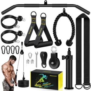 RENRANRING Pulley System, Weight Cable Pulley System for Home Gym,Cable Machine Attachment with 2 in 1 LAT Pull Down Bar,Tricep Rope,Long Strap,Exercise Handles for Biceps Curl, Forearm (Black)