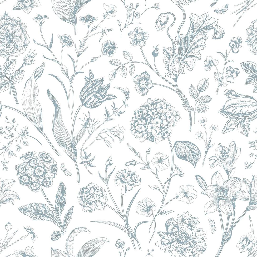 VEELIKE Sketch Blue and White Floral Peel and Stick Wallpaper Vintage Flower Wallpaper for Bedroom Nursery 17.7''x118'' Removable Toile Wall Paper Self Adhesive Contact Paper for Walls Shelves Cabinet