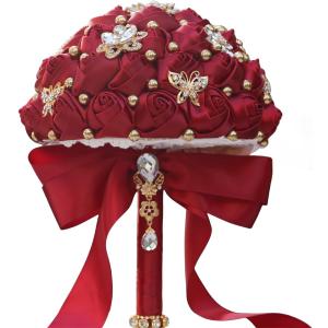 Bridal Wedding Bouquet Round Holding Bouquet Throw Toss Artificial Rose Flower Bunch for Bride Bridesmaid Wedding Quinceanera(Dark Red, 7.1")