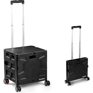 CleverMade Collapsible Crate on Wheels with Handle (35L, 4-Wheel)  Collapsible Rolling Cart with Lid, Foldable Utility Cart for Teachers, Groceries, Travel, and Office Storage  Holds 75 lbs, Black