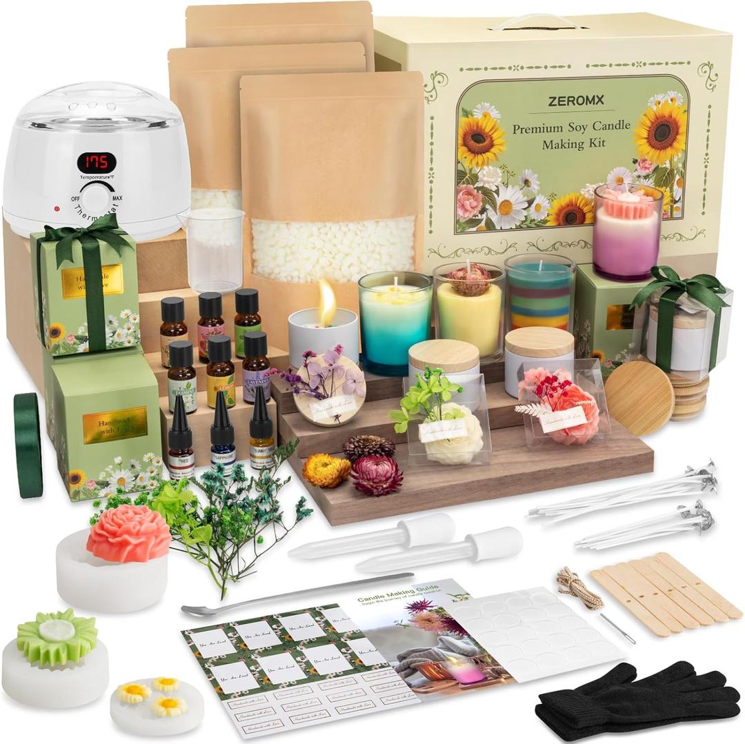 Candle Making Kit for Adults Beginners  1200g Soy Wax, Digital Wax Melting Pot, Floral Candle Molds, Gift Boxes, Premium Candle Making Supplies, Complete DIY Set, Home Decor Gifts (White Hot Plate)