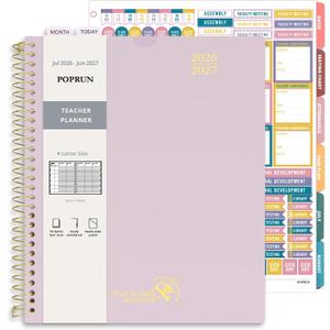 POPRUN Teacher Planner 2026-2027, 8.5" x 11", Academic Lesson Plan Book for Teachers (July 26-June 27) Weekly and Monthly with Gradebook, 2-Sided Pocket, Flexible PP Cover for Classroom, Light Pink
