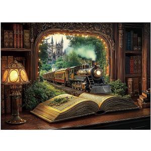 Train Forest Book Puzzle 1000 Pieces for Adults, Magic Vintage Plant Jigsaw Puzzles Castle, Fantasy Bookshelf Nature Tree Puzzles