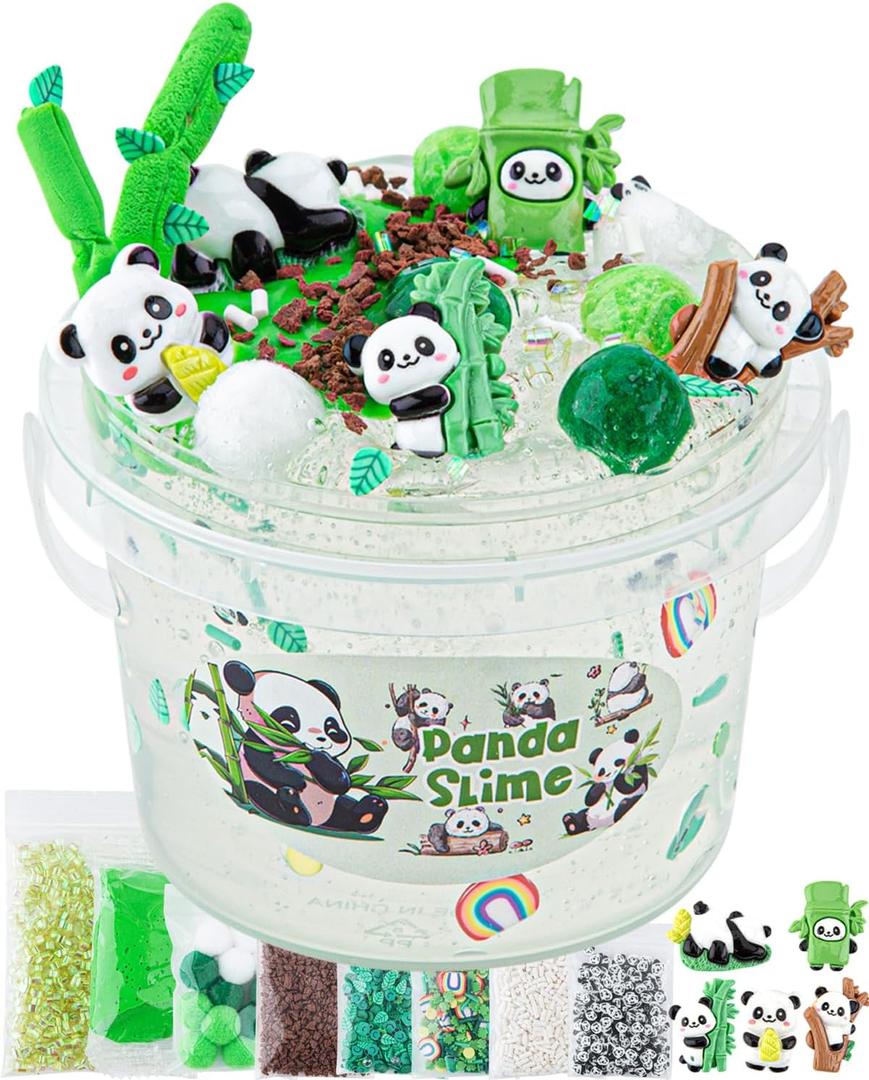 10 FL OZ Panda Clear SlimeBucket, Big Slime Kit with Clay, Slimes Party Favors for Kids, Glimmer Crunchy Slimes Includes 9 Packs of Add-ins, Sensory Experience DIY Toys for Girls and Boys Ages 8-12