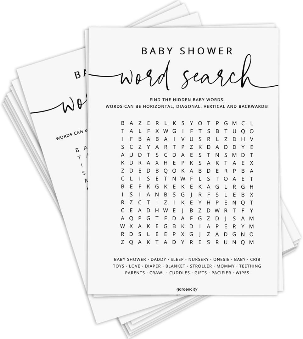 GardenCity 50 Baby Shower Word Search Game Cards, Fun Baby Shower Games for Boy or Girl, Gender Neutral - Minimalist