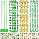12 Pcs St. Patrick's Day Party Favors Set, Green Beads Necklaces with Shamrock and Beer Mug Designs for Kids and Adults, Plus 10 Sheets Irish Leprechaun Clover Tattoo Stickers for Festive Celebrations