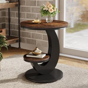 Tribesigns Round End Table, 2 Tiers Side Table with Storage Shelf, Sofa Side Bedside Nightstand with Wood Metal Arc-Shaped Frame for Small Spaces, Living Room, Bedroom, Easy to Assemble, Brown (1PCS), 19.69"D x 19.69"W x 24.41"H