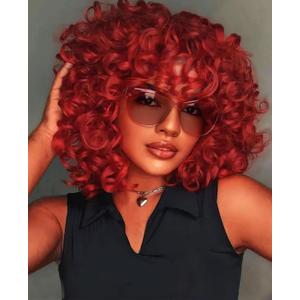 GKtineke Short Curly Wig with BangsFull Loose Curly Wigs for Black Women Big Curly Wig Soft Fluffy Natural Synthetic Hair for Daily and Party (Burgundy)