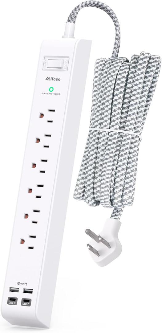 Surge Protector Power Strip 10 ft with 4 USB Ports 2 USB-C 6 AC Outlets, Flat Plug Extension Cord, USB Charging Station, Wall Mountable for Home, Office, Dorm Essentials, 1080J, ETL Listed (White&Grey)
