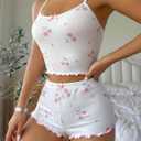 Women's 2 Piece Pajama Set Cherry Spaghetti Strap Bow Cami Tops and Shorts Set Cute Soft Sleepwear (White, XL)