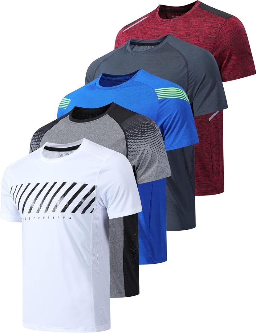 5 Pack Mens Active Quick Dry Crew Neck T Shirts | Athletic Running Gym Workout Short Sleeve Tee Tops Bulk (Large, White/Gray/Blue/Charcoal/Maroon)